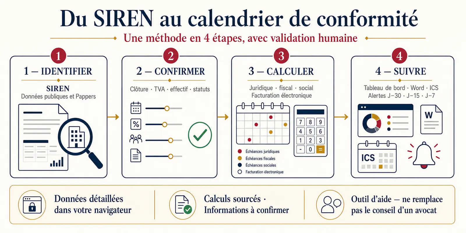 Fonctionnement en quatre étapes : identifier, confirmer, calculer et suivre